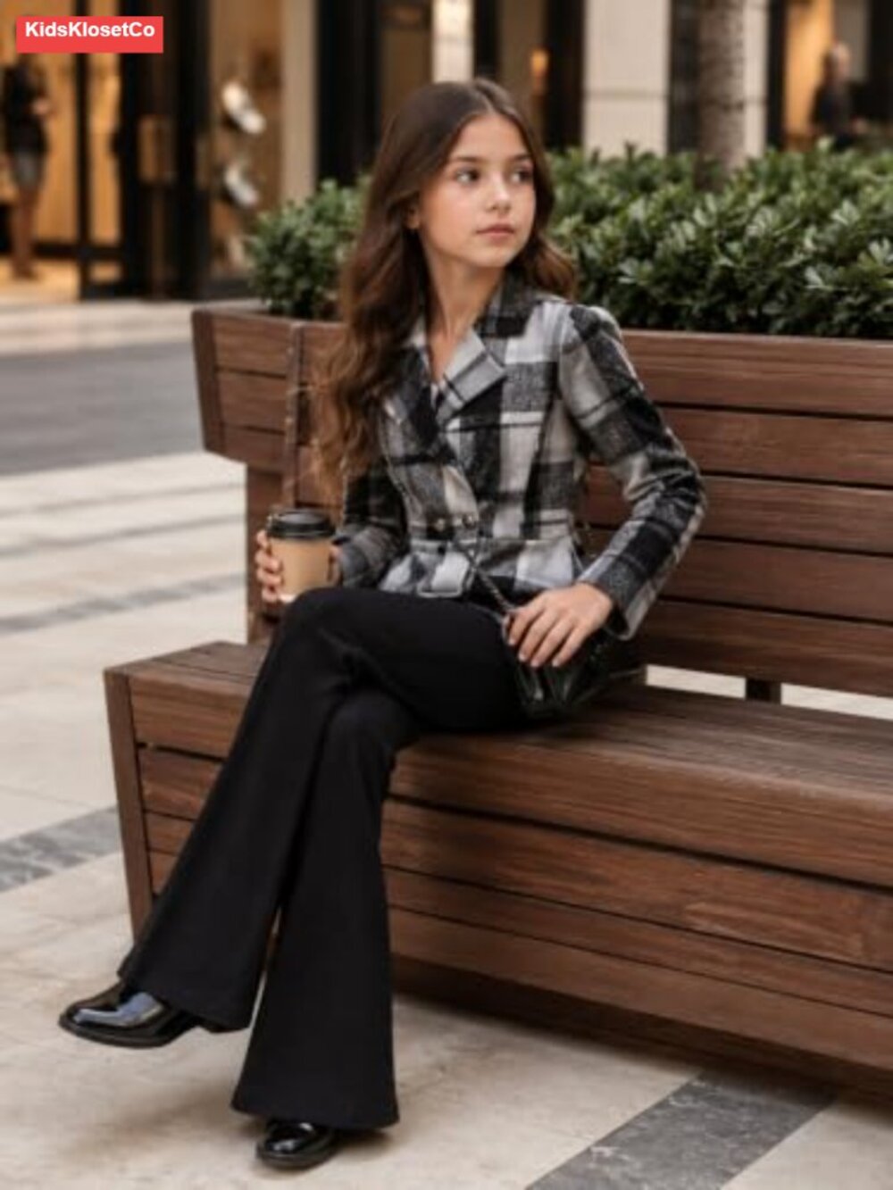 Girls 2-Piece Plaid Flannel Outfit Long-Sleeve Top & Flare Pants Fall - Picture 3 of 5